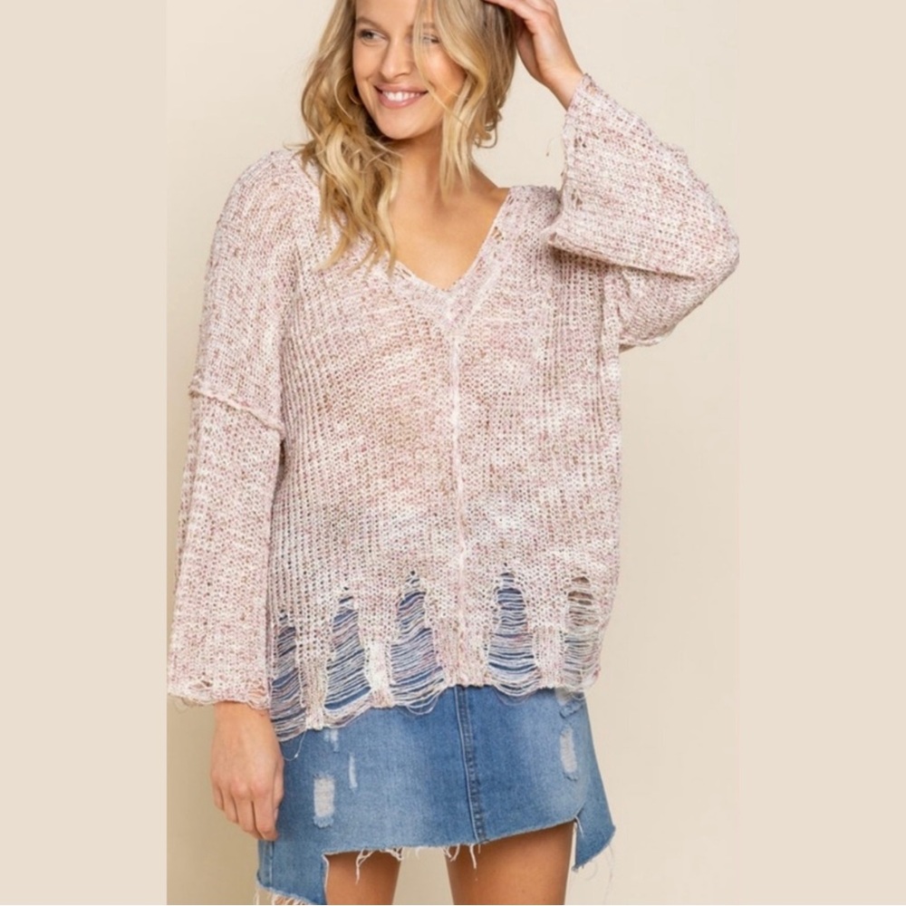 POL Pink & White Threaded Distressed Double V-Neck Sweater! - Picture 6 of 8